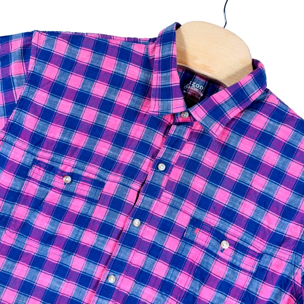 IZOD Saltwater Relaxed Classic Mens XXL Pink Plaid Short Sleeve Button Up Shirt‎